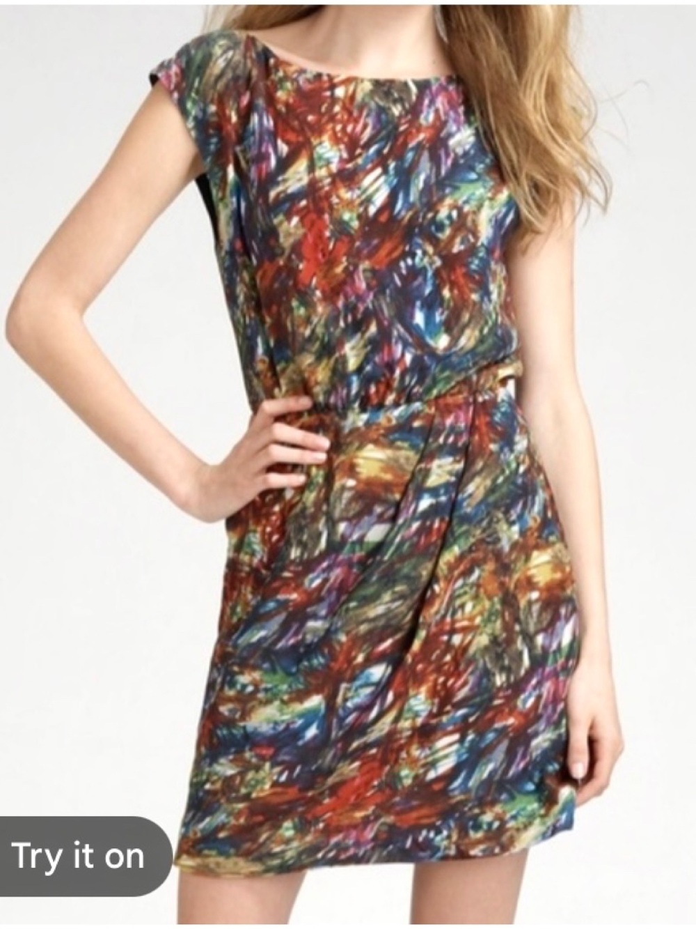 Theory Arena Brushstroke Silk Dress Size 4 Multicolor Abstract Blouson